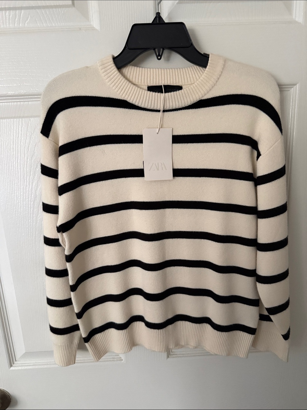 Zara Men Cream and Black Striped Crewneck Sweater